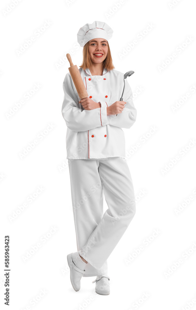 Female baker with ladle and rolling pin on white background