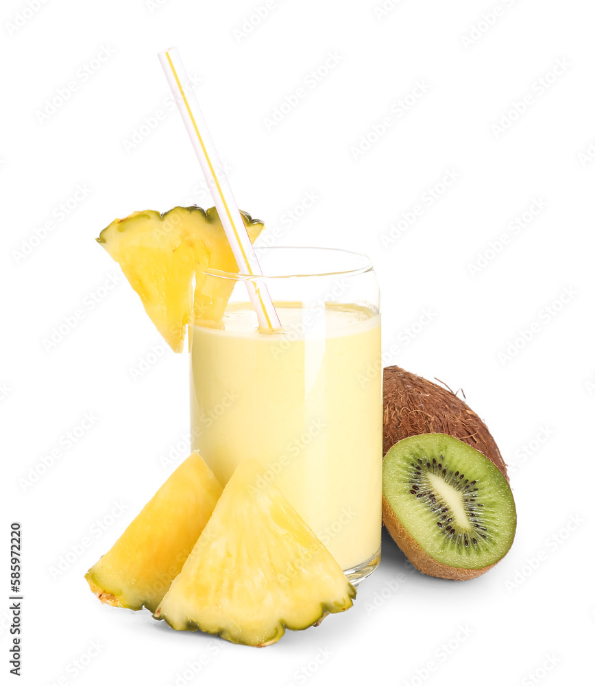 Glass of tasty pineapple smoothie, straw and kiwi on white background