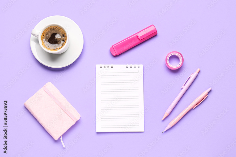 Composition with blank notebook, coffee cup and stationery on purple background