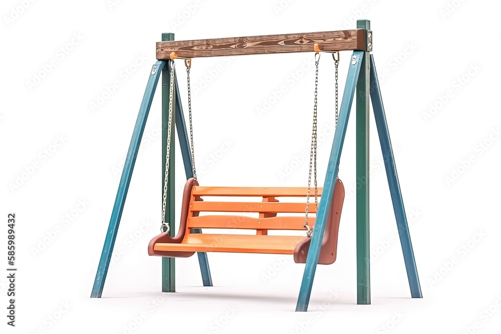 wooden swing hanging from a tree branch with a chain created with Generative AI technology