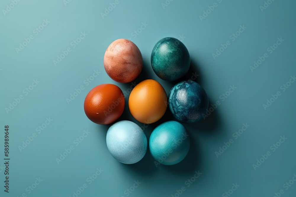 Illustration of colorful Easter eggs arranged on a blue background created with Generative AI techno