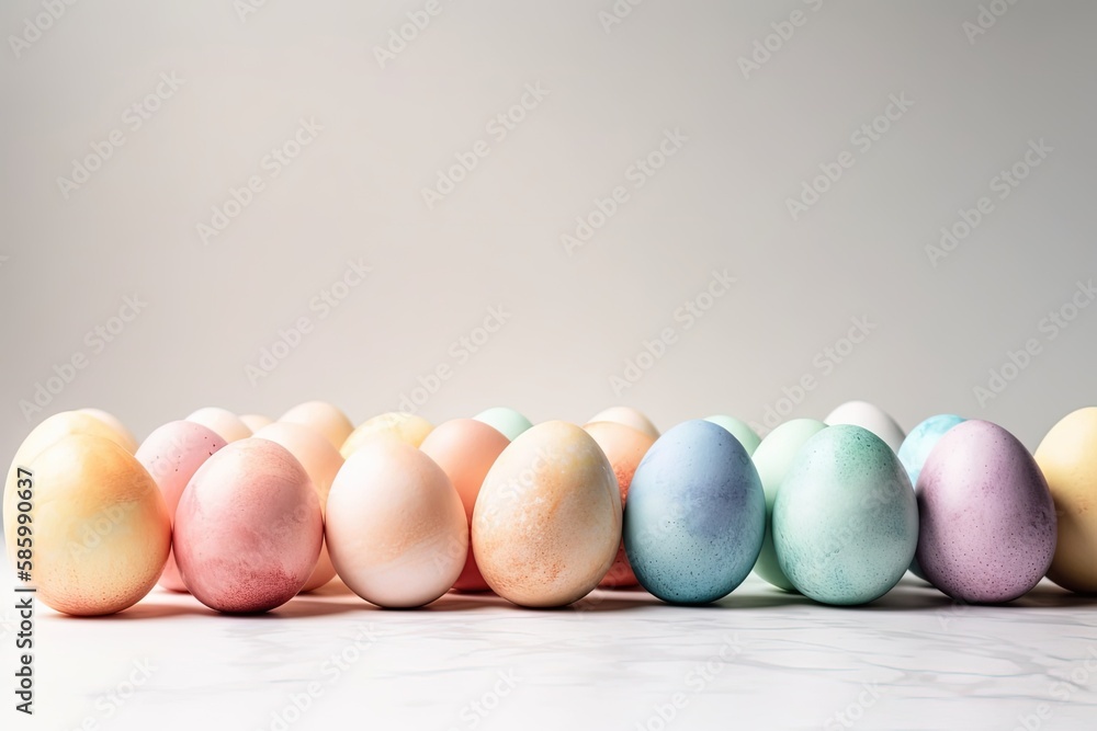 colorful display of Easter eggs arranged on a table created with Generative AI technology