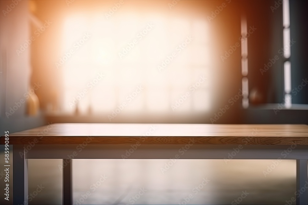 wooden table placed in front of a window with a scenic view created with Generative AI technology