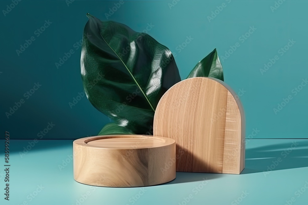 wooden container with a green leaf on a blue background created with Generative AI technology