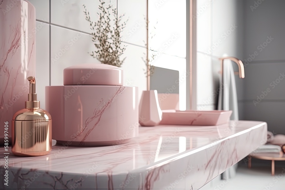 luxurious bathroom vanity with pink marble and gold accents created with Generative AI technology