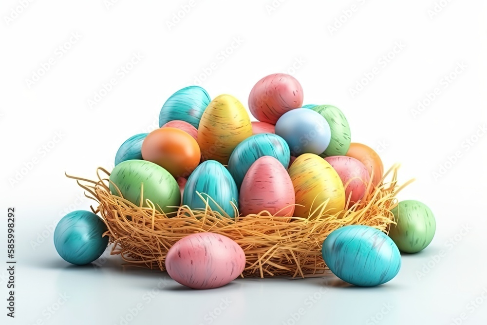 colorful Easter basket filled with eggs created with Generative AI technology