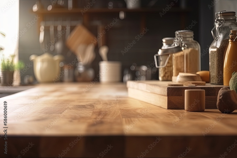 rustic wooden kitchen countertop decorated with various jars of spices created with Generative AI te