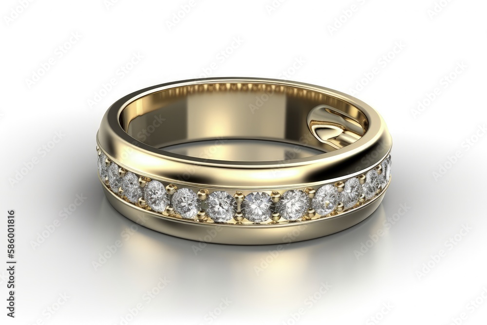 yellow gold wedding ring with a row of sparkling diamonds created with Generative AI technology