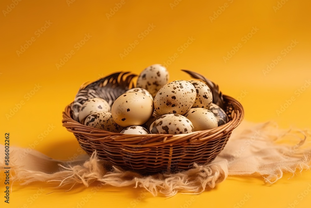 basket filled with colorful eggs on a wooden table created with Generative AI technology