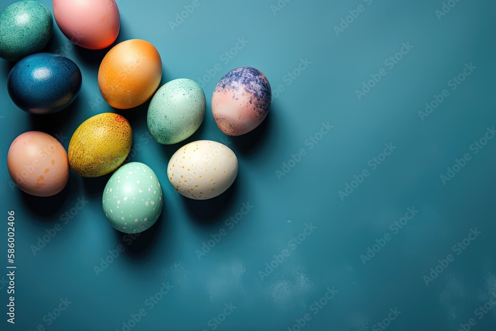 Illustration of colorful Easter eggs arranged on a blue background created with Generative AI techno