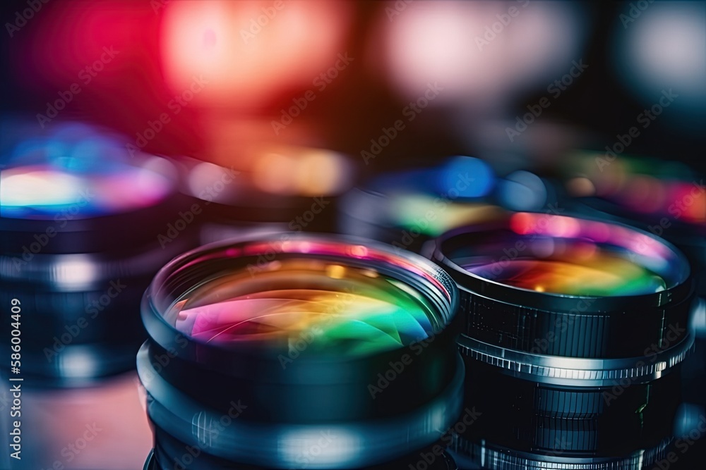 close-up view of a camera lens resting on a table created with Generative AI technology