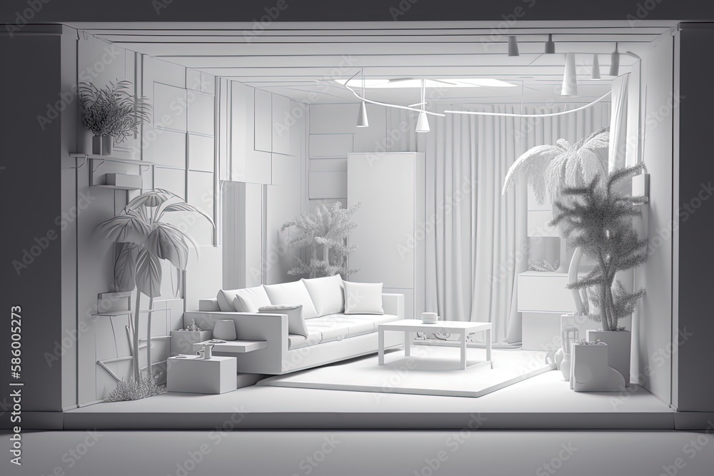 modern white living room with a minimalist design created with Generative AI technology