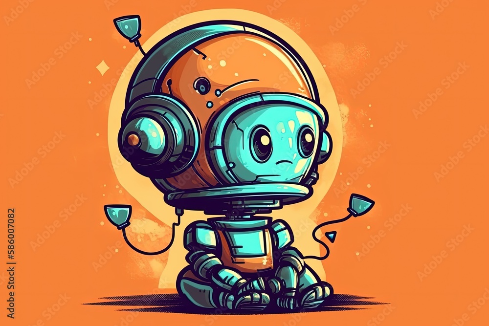 robot enjoying music with headphones against a vibrant orange backdrop created with Generative AI te