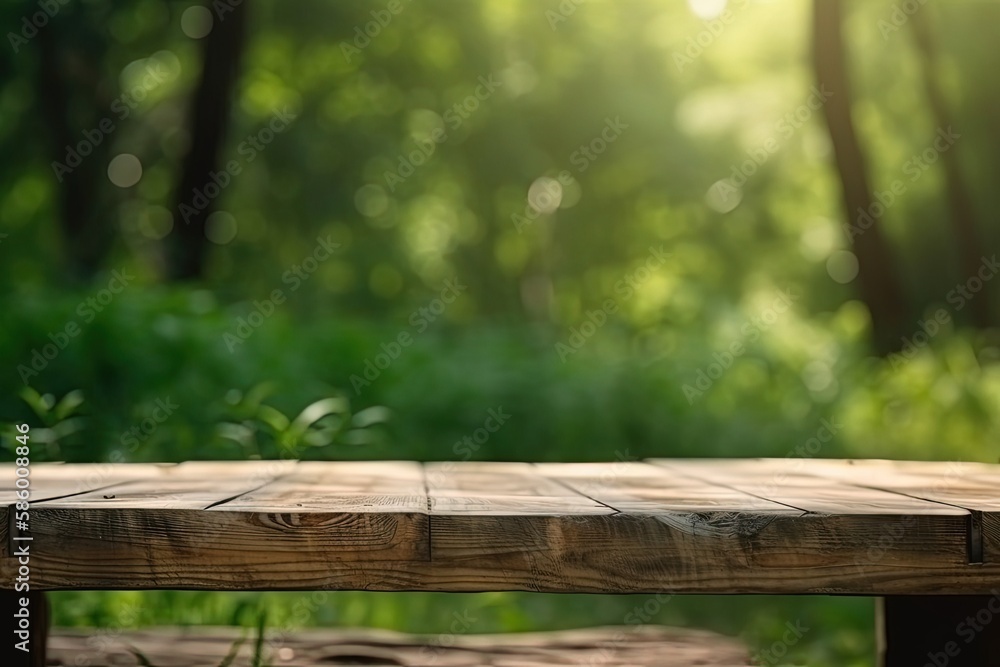 rustic wooden table surrounded by trees in a peaceful forest setting created with Generative AI tech