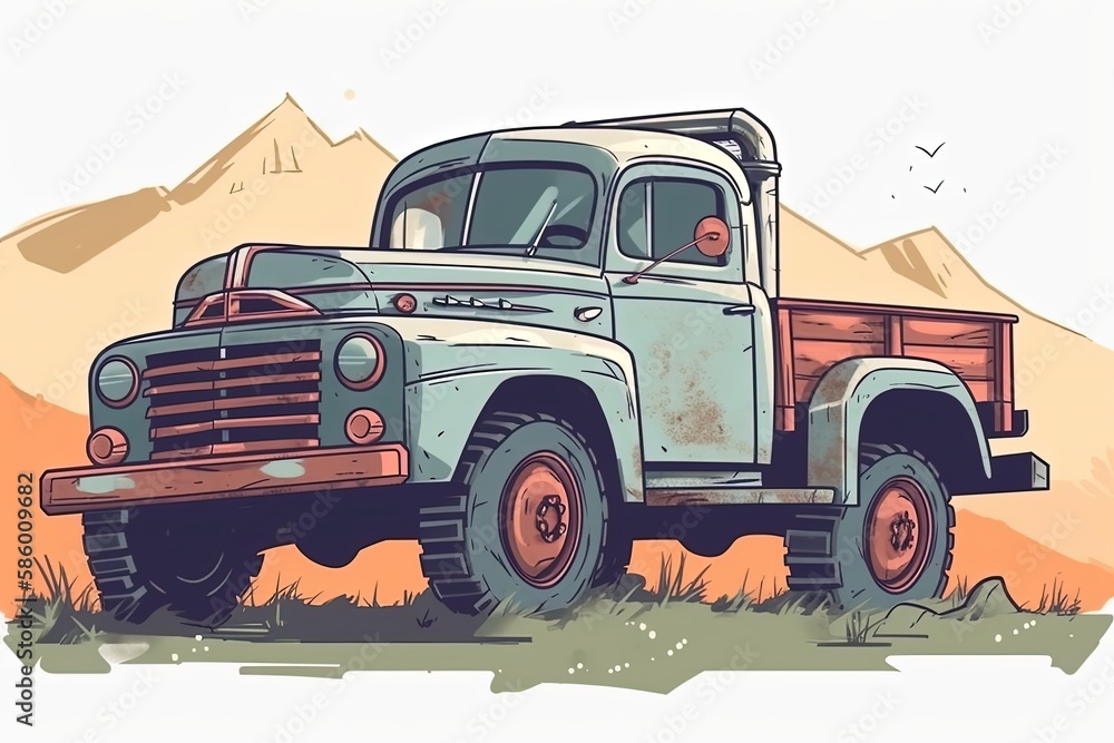 abandoned pick up truck in a rustic field created with Generative AI technology