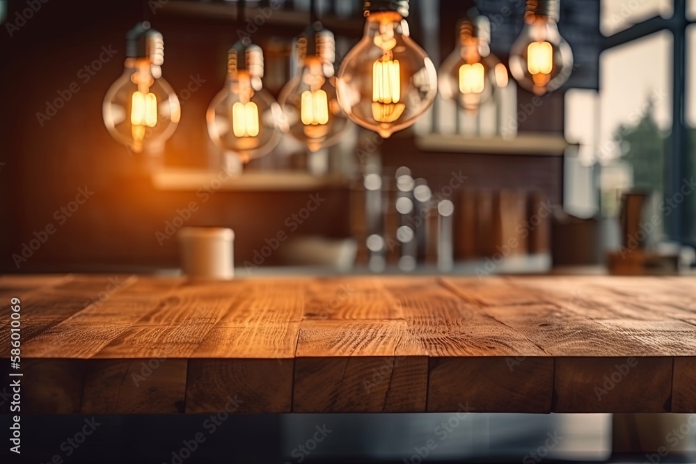 wooden table covered in a cluster of glowing light bulbs created with Generative AI technology