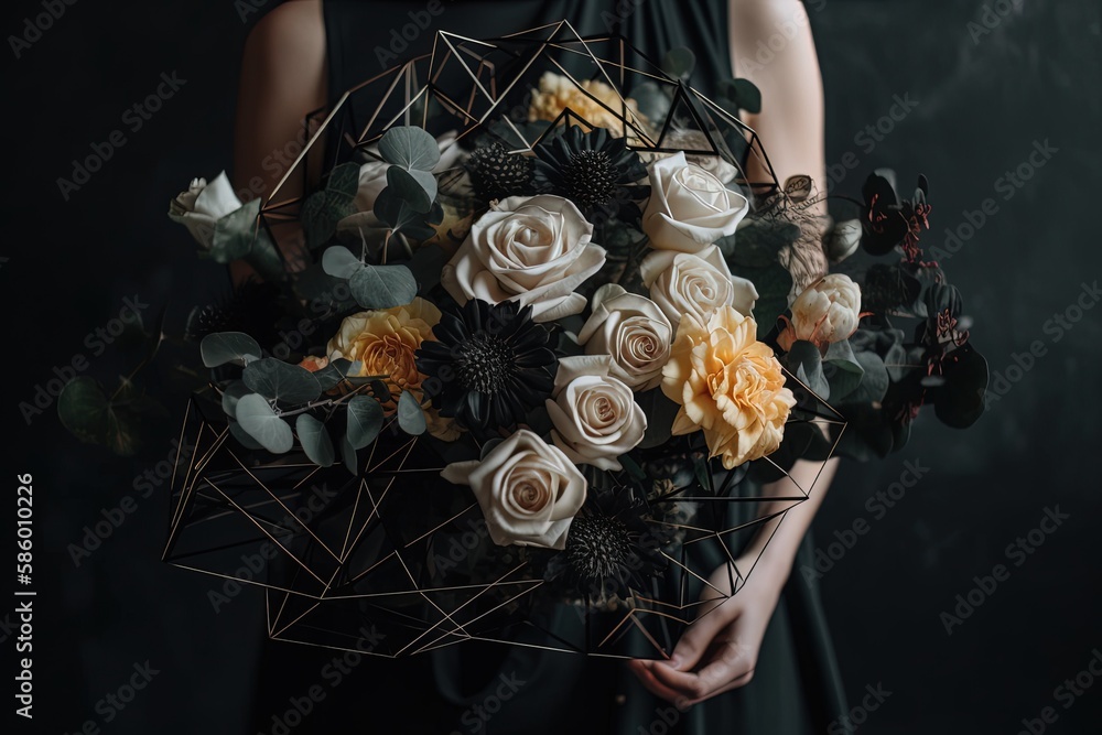 woman holding a colorful bouquet of flowers in her hands created with Generative AI technology