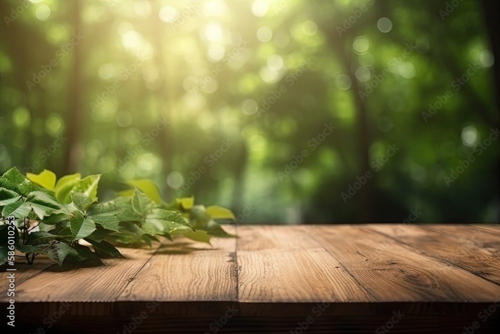 rustic wooden table adorned with lush green leaves created with Generative AI technology