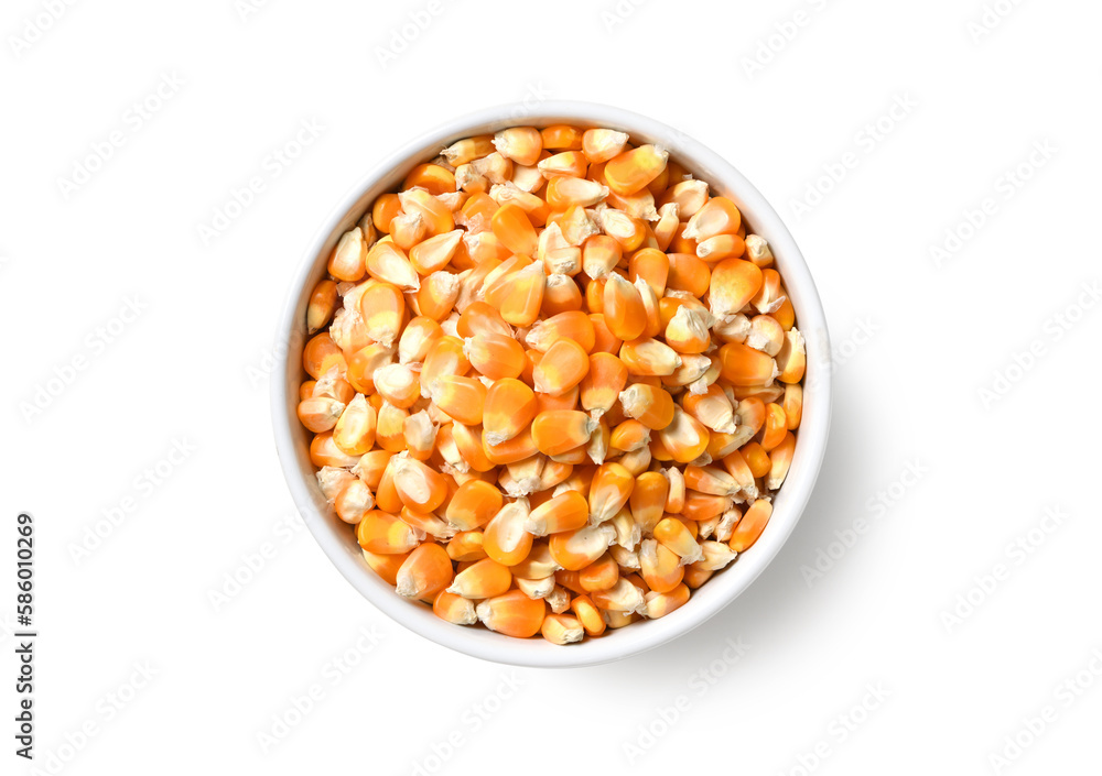 Top view of dried corn seeds in white bowl  isolated on white background. Clipping path.