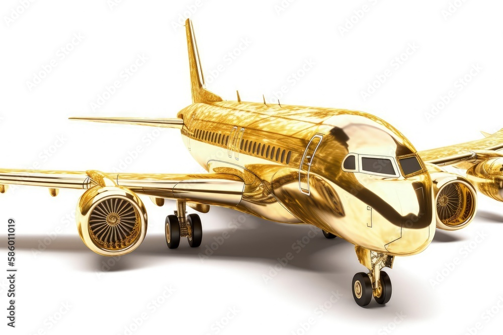 golden airplane model on a plain white background created with Generative AI technology