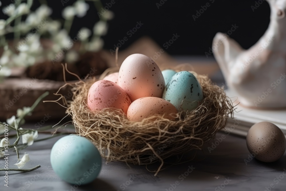 birds nest with eggs on a wooden table created with Generative AI technology