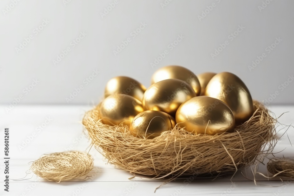 golden egg nest on a pristine white table created with Generative AI technology