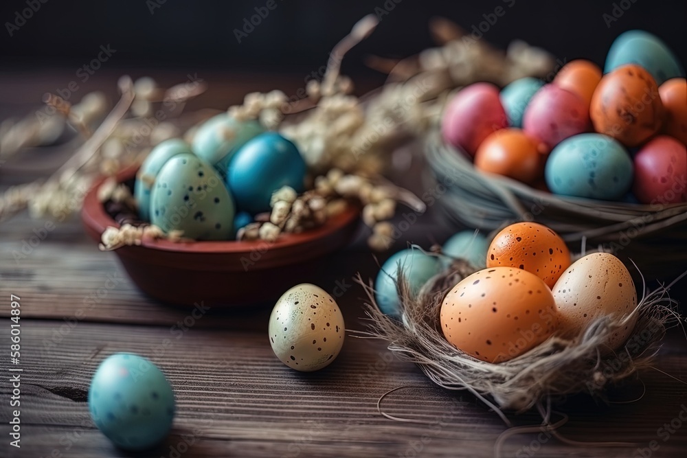 wooden table with a rustic arrangement of eggs created with Generative AI technology