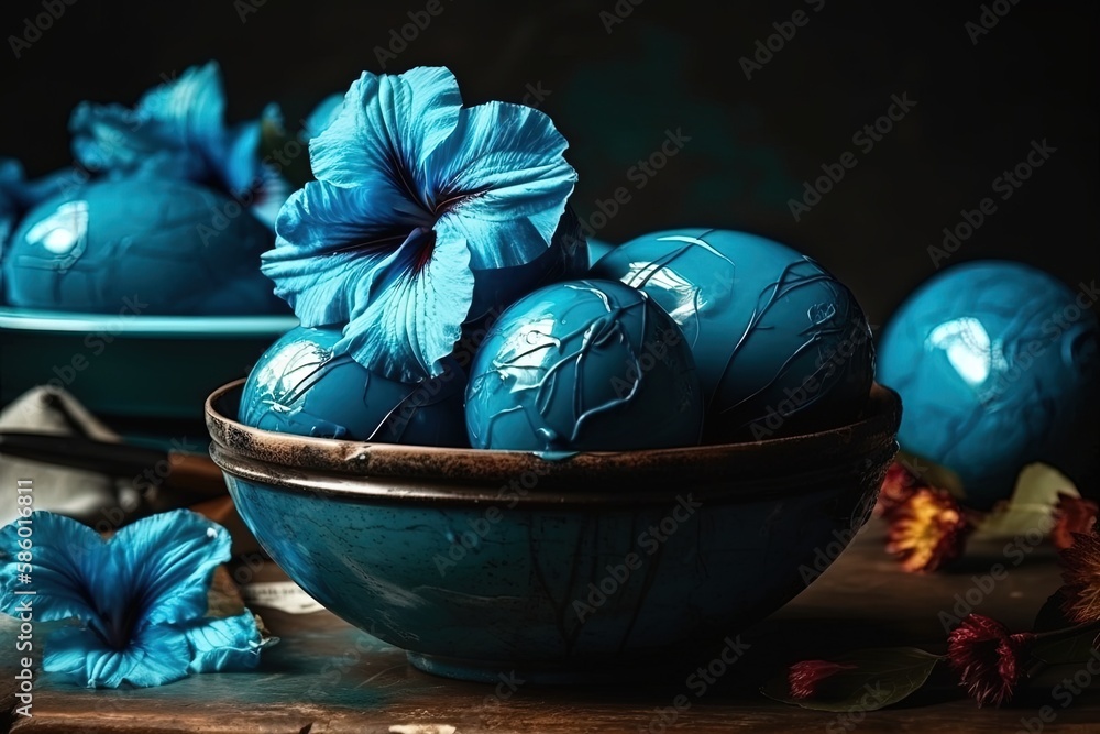 wooden table adorned with a colorful bowl filled with intricately decorated blue eggs created with G