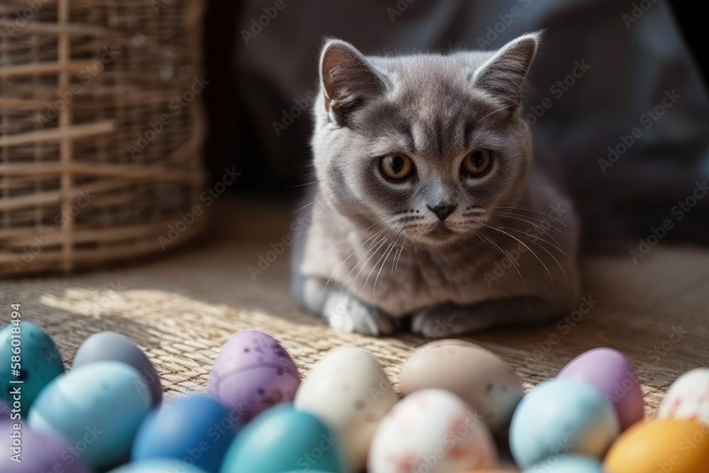 gray cat surrounded by colorful Easter eggs created with Generative AI technology