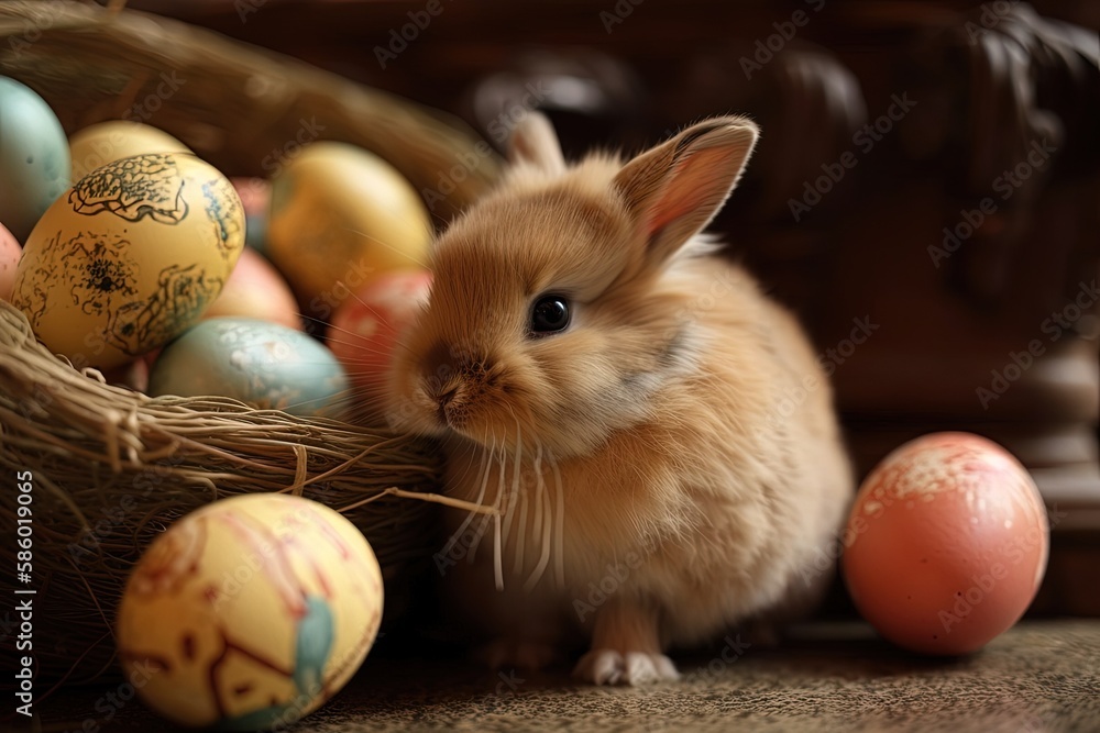 cute bunny with a basket of colorful egg created with Generative AI technology