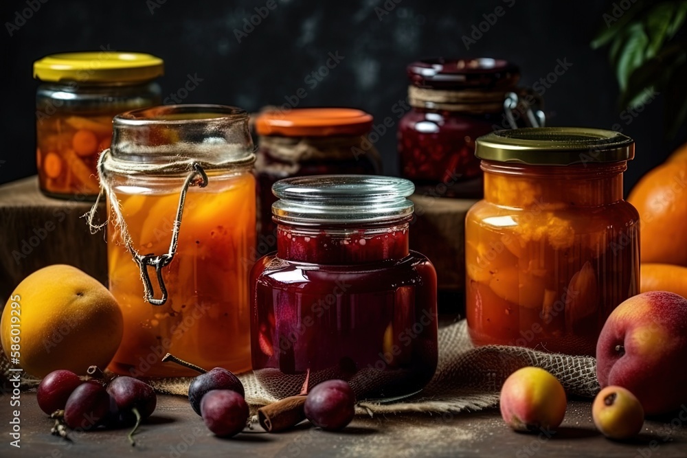 colorful display of various fruits in glass jars on a wooden table created with Generative AI techno