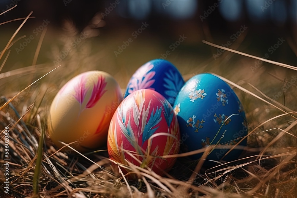 Illustration of three colorful Easter eggs nestled in the green grass created with Generative AI tec