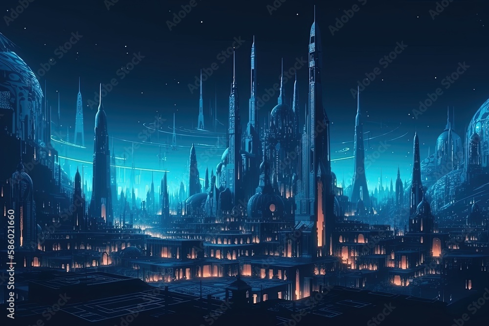 futuristic cityscape illuminated by neon lights at night created with Generative AI technology