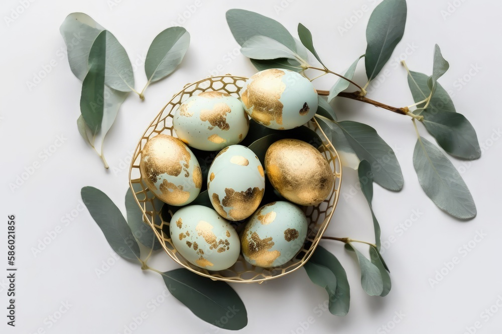 brown wicker basket filled with white eggs sitting on a wooden table created with Generative AI tech