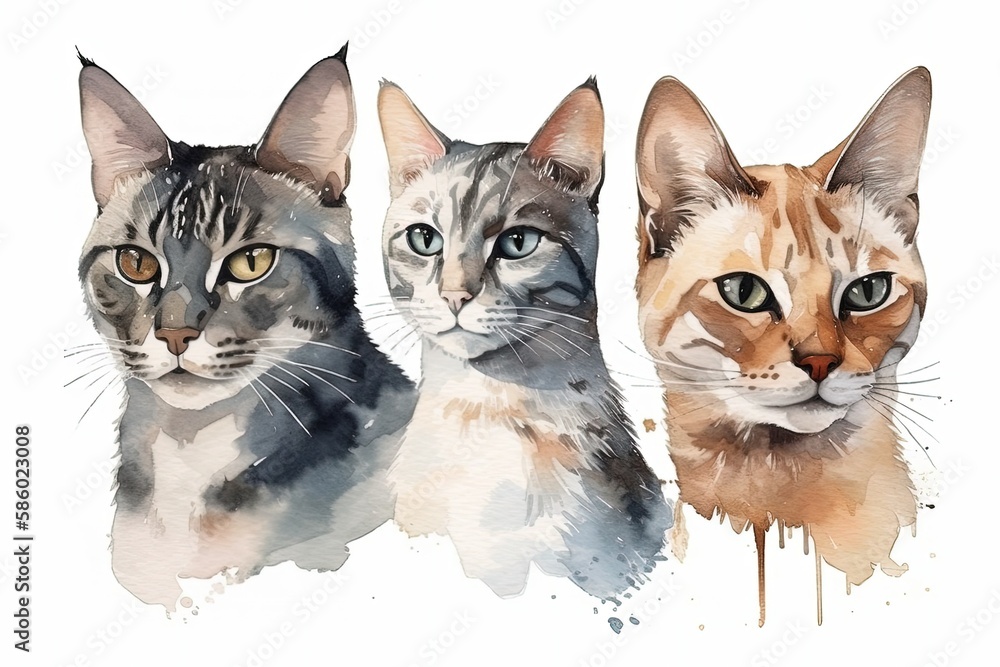 Illustration of three cats with unique fur colors sitting together created with Generative AI techno