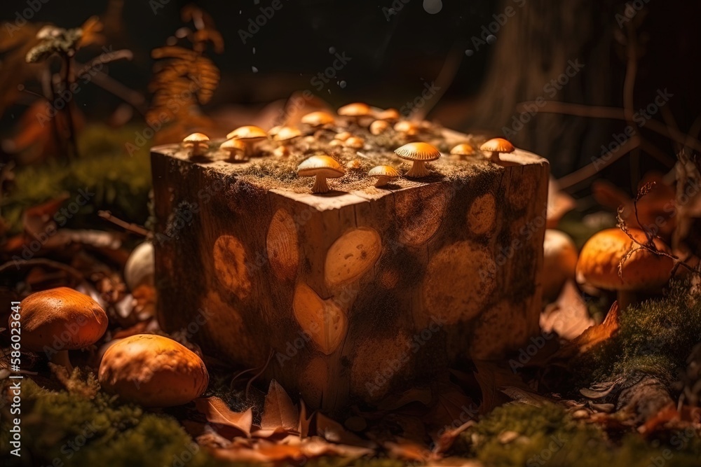 wooden box overflowing with freshly picked wild mushrooms created with Generative AI technology