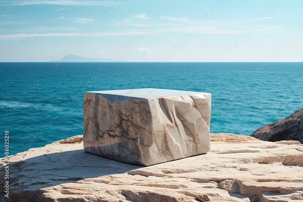 solitary stone block perched on a rocky outcrop overlooking the sea created with Generative AI techn