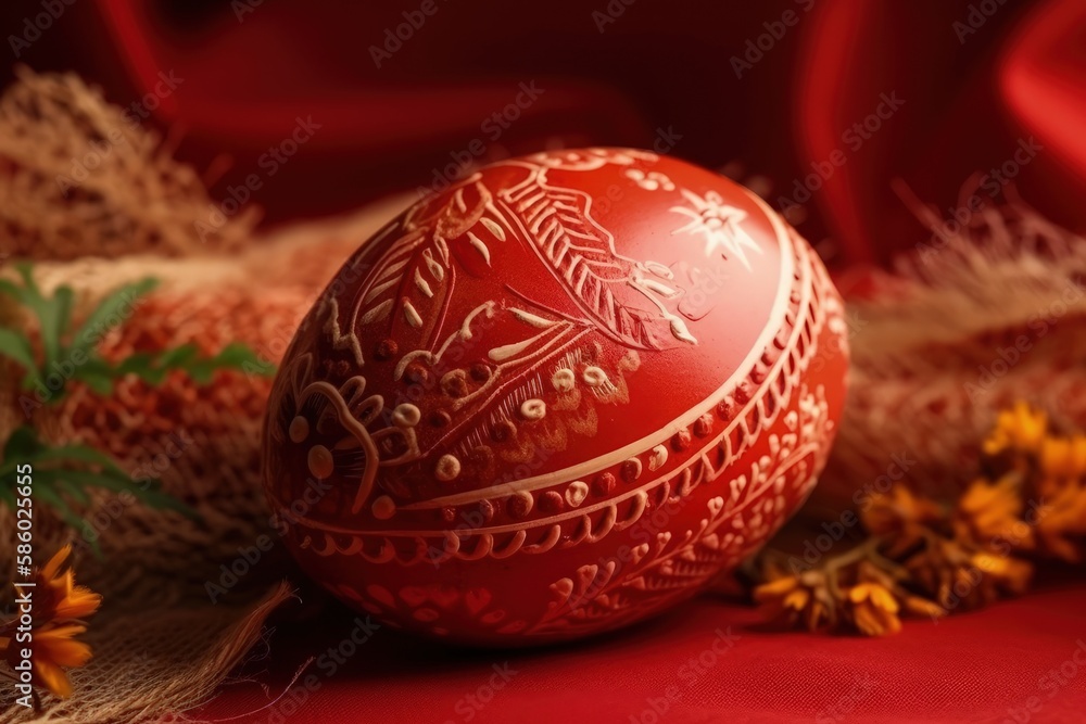 bright red Easter egg resting on a wooden table created with Generative AI technology