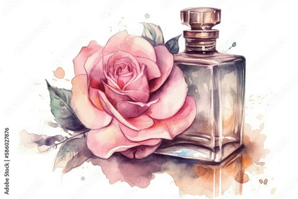 fragrant rose next to a vintage perfume bottle depicted with watercolor paints created with Generati