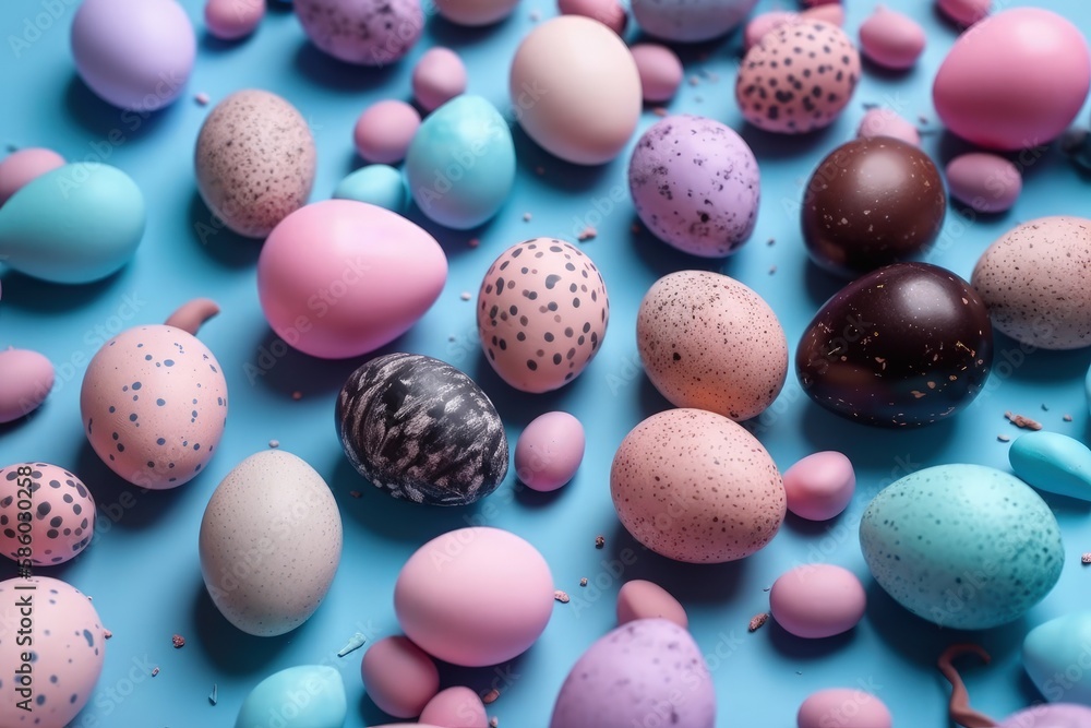 Illustration of colorful Easter eggs arranged on a blue background created with Generative AI techno