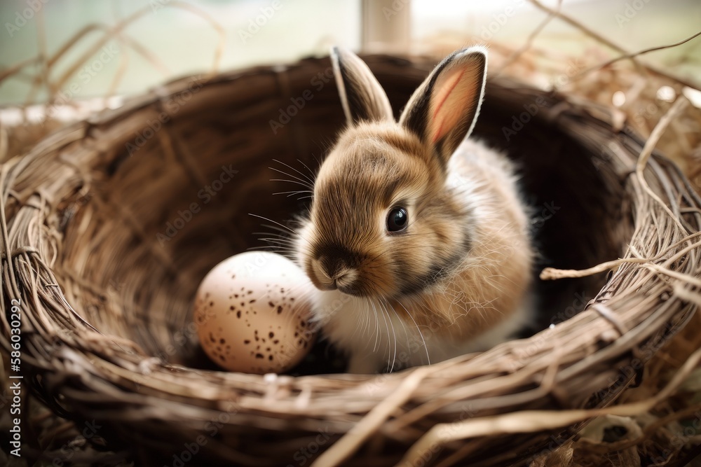 bunny in a nest with colorful eggs created with Generative AI technology