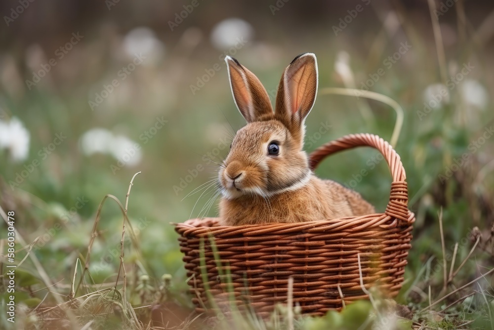 cute rabbit sitting in a woven basket in a lush green grassy field created with Generative AI techno