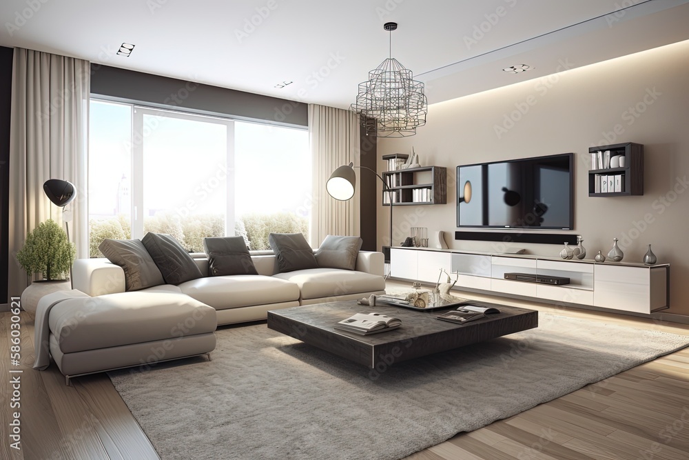 modern living room with a cozy couch, trendy coffee table and large flat-screen television created w