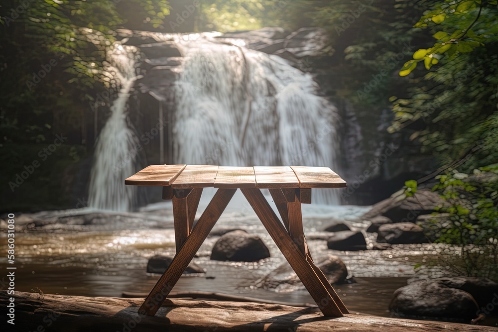 wooden table with a stunning waterfall view created with Generative AI technology