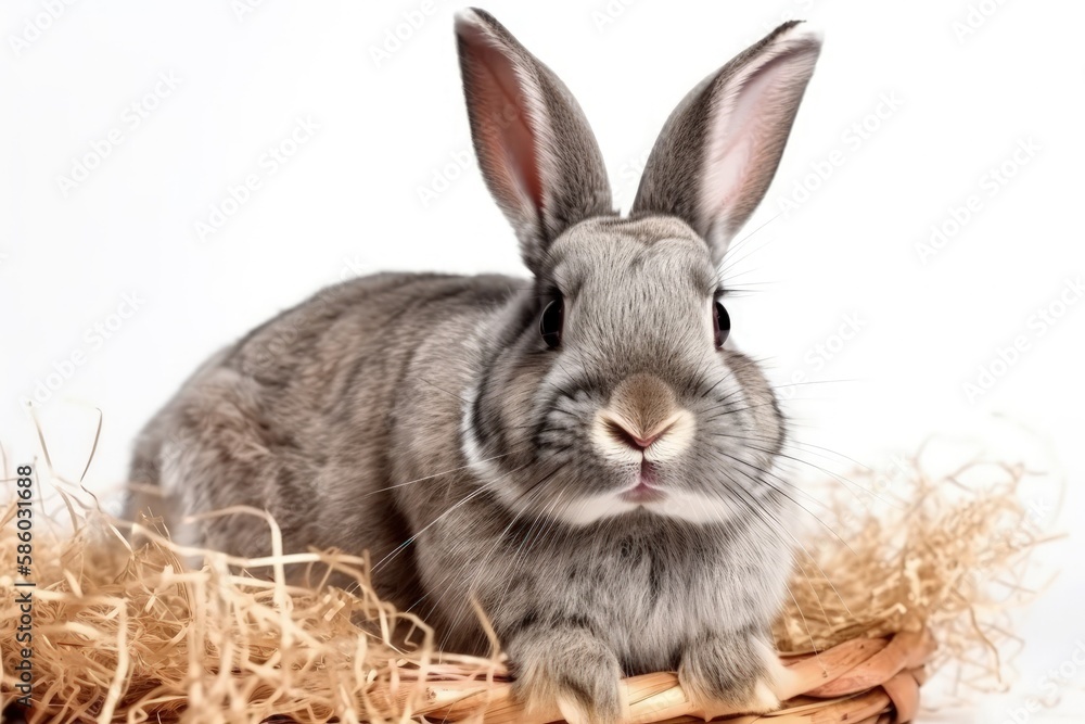 cute gray rabbit perched on a stack of hay created with Generative AI technology