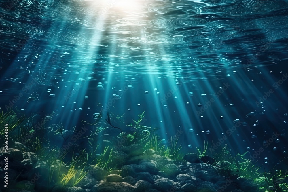 Illustration of sunlight shining through the clear blue water in an underwater scene created with Ge