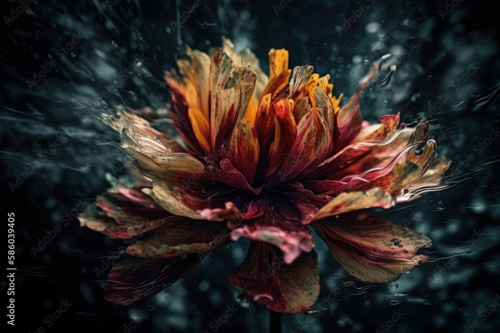 vibrant red and yellow flower being splashed with water created with Generative AI technology