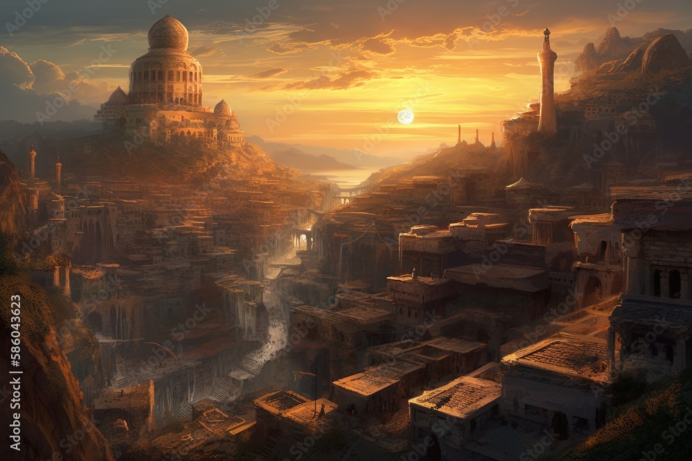 beautiful sunset scenery overlooking a bustling cityscape created with Generative AI technology