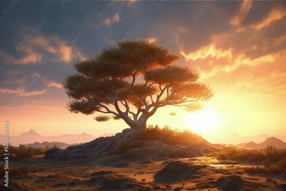 solitary tree standing tall in a desert landscape at sunset created with Generative AI technology