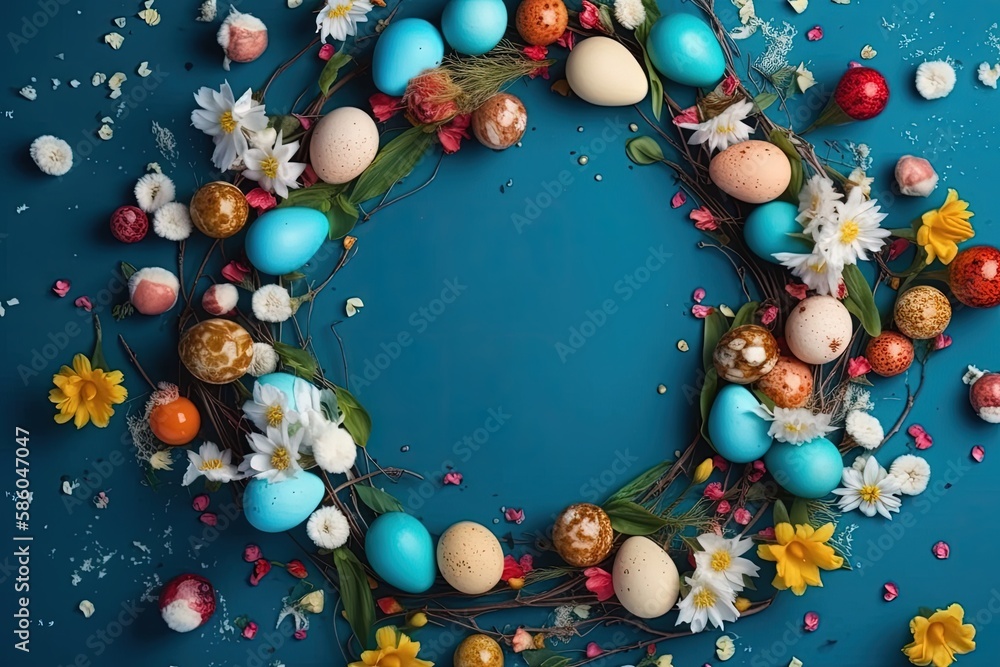 colorful Easter wreath made of flowers and eggs on a vibrant blue background created with Generative